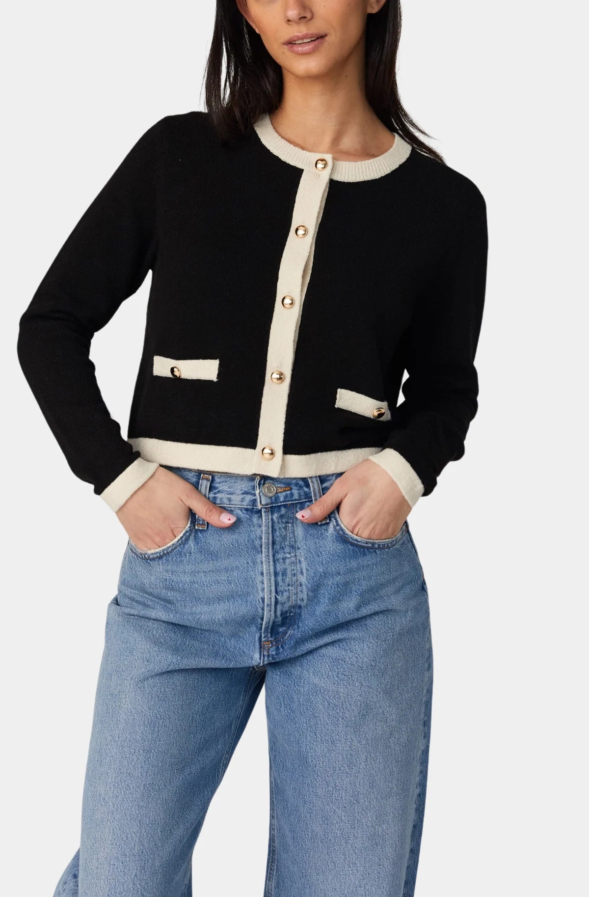 FRENCH CONNECTION Vhari Contrast Cardigan - Black/Classic Cream