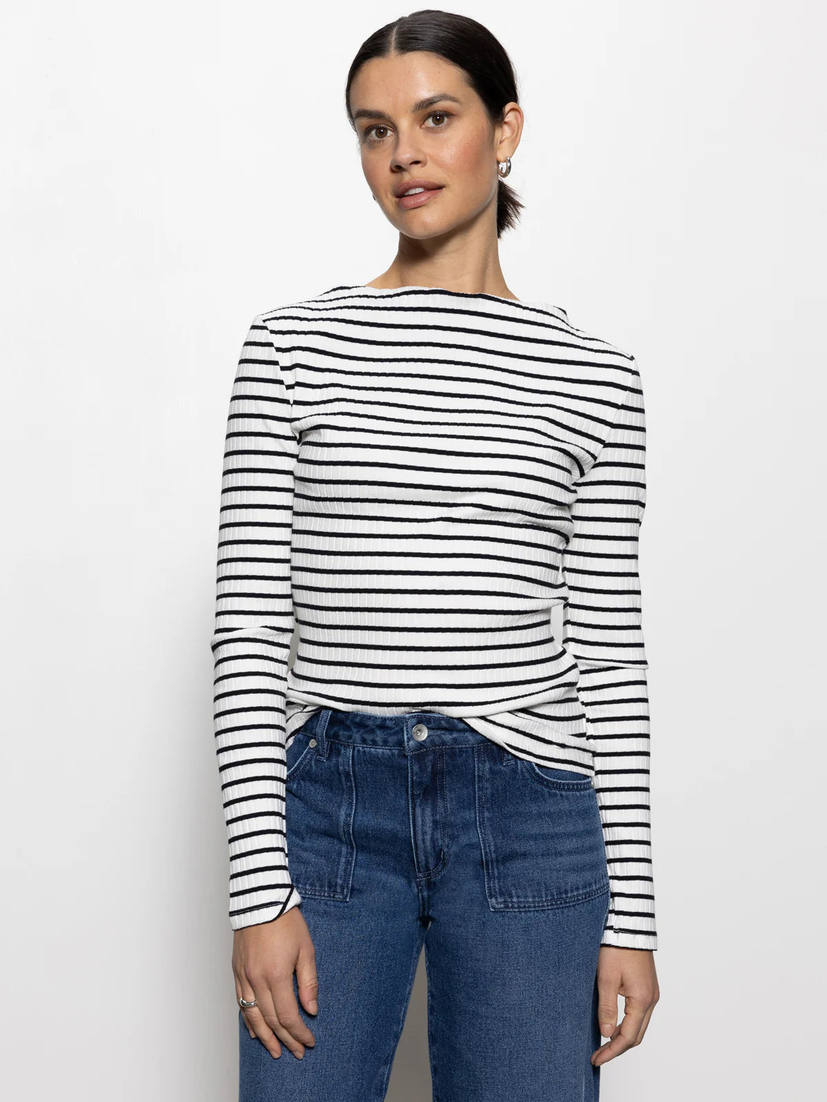 Long Sleeve Boatneck T-Shirt -Chalk/Black  Stripe