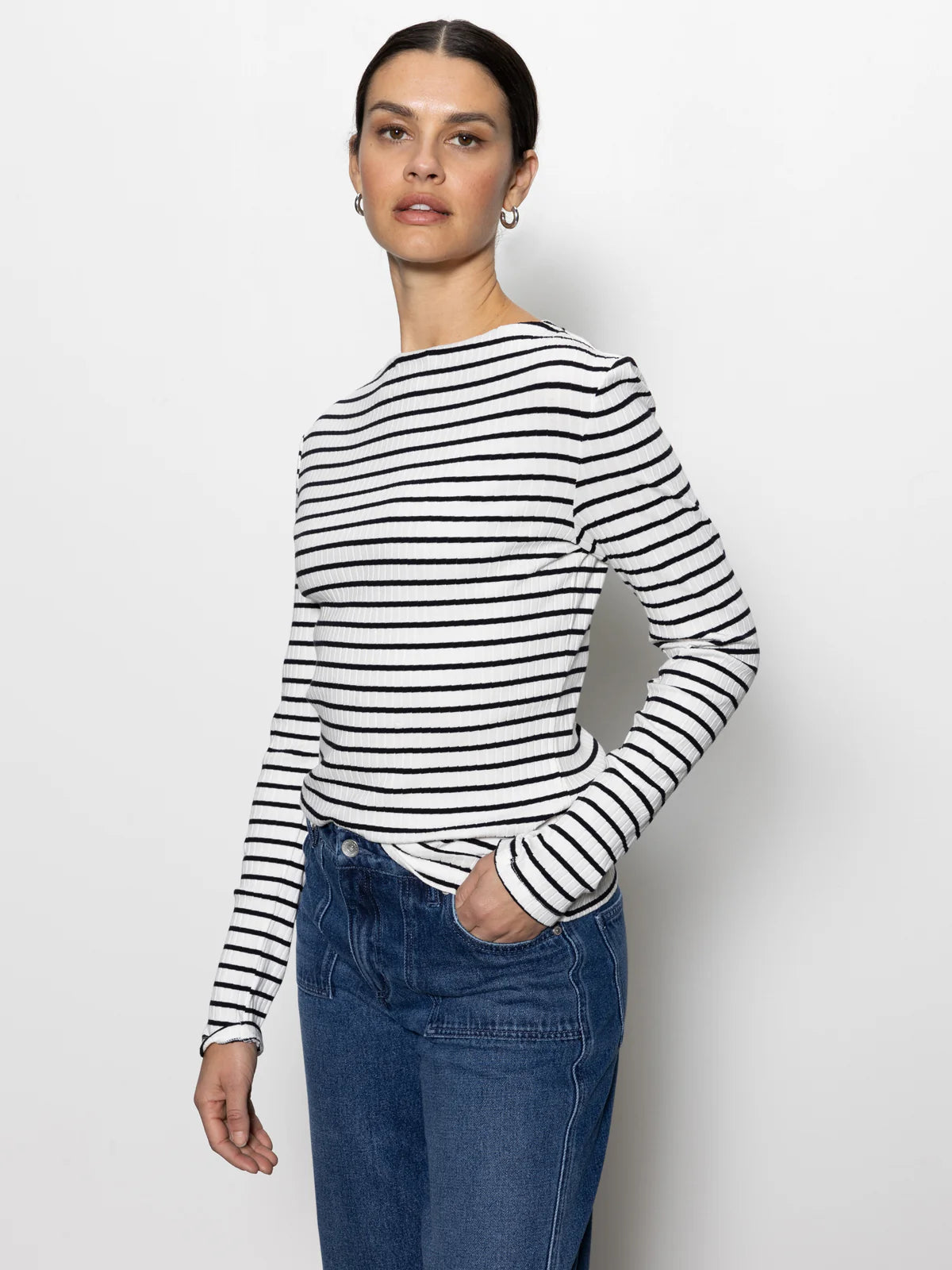 Long Sleeve Boatneck T-Shirt -Chalk/Black  Stripe