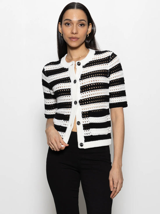 Open Knit Sweater Jacket - Chalk/Black Stripe