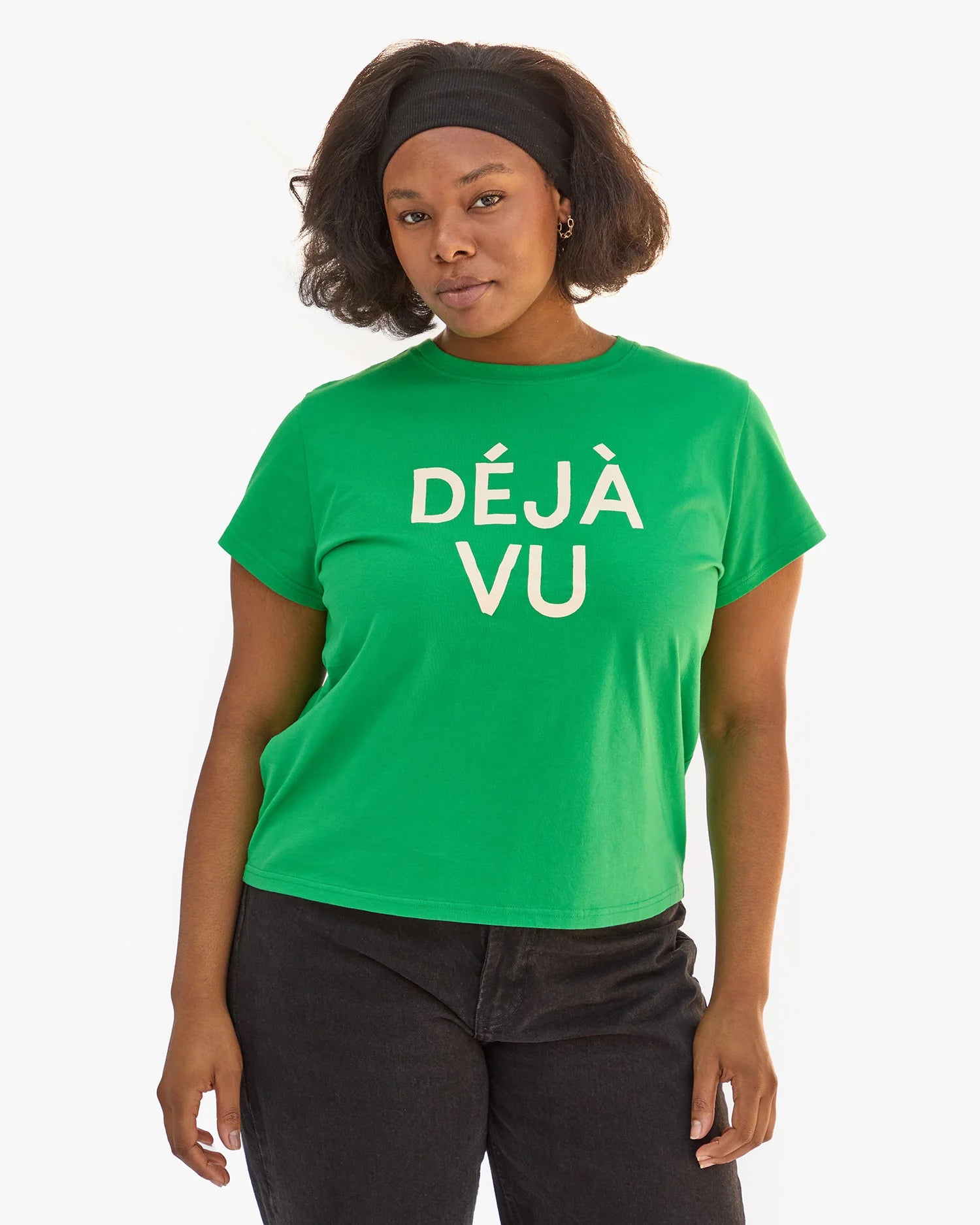 CLARE V. Classic Tee - Green w/ Cream Déjà Vu