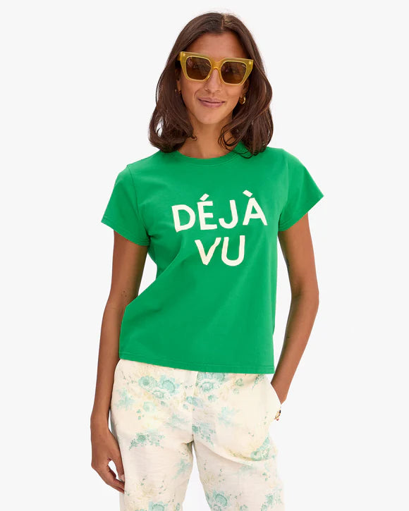 CLARE V. Classic Tee - Green w/ Cream Déjà Vu