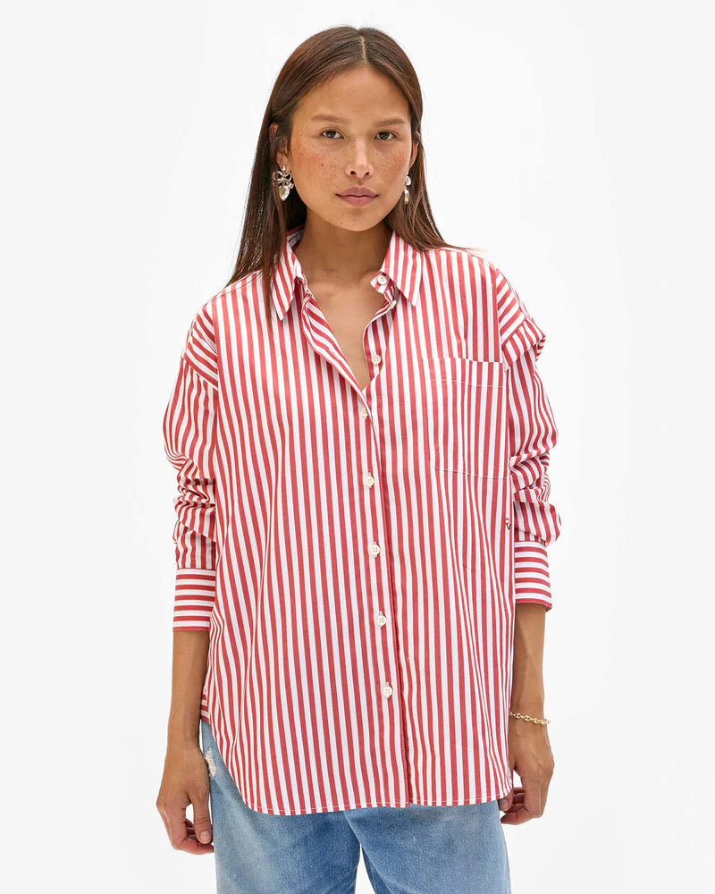 CLARE V. Emilette Oversized Shirt - Red & Cream