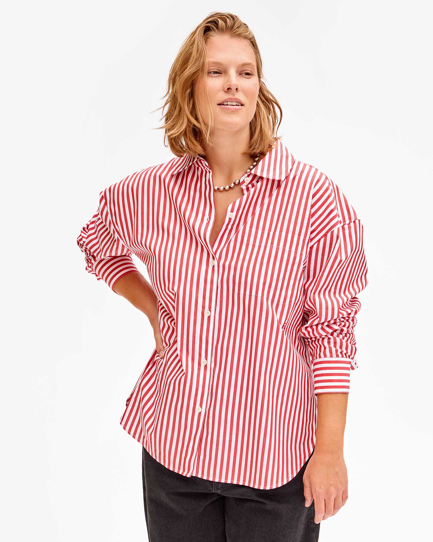 CLARE V. Emilette Oversized Shirt - Red & Cream