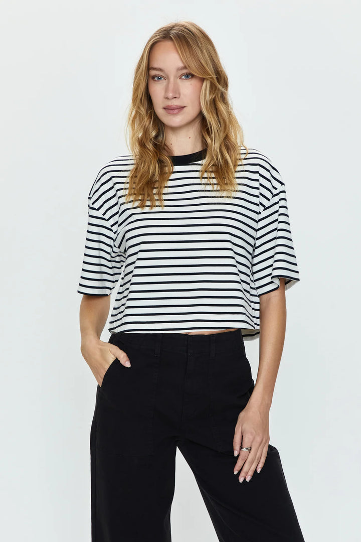 PISTOLA Mae Cropped Tee - Black & White Stripe