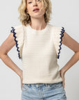 LILLA P Tipped Sleeve Crewneck Sweater- Ivory