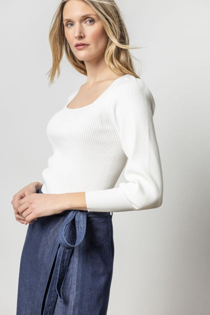 LILLA P Full Sleeve Square Neck Sweater - White