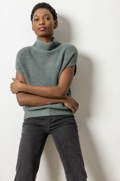 LILLA P Ribbed Funnel Neck Sweater - Heron