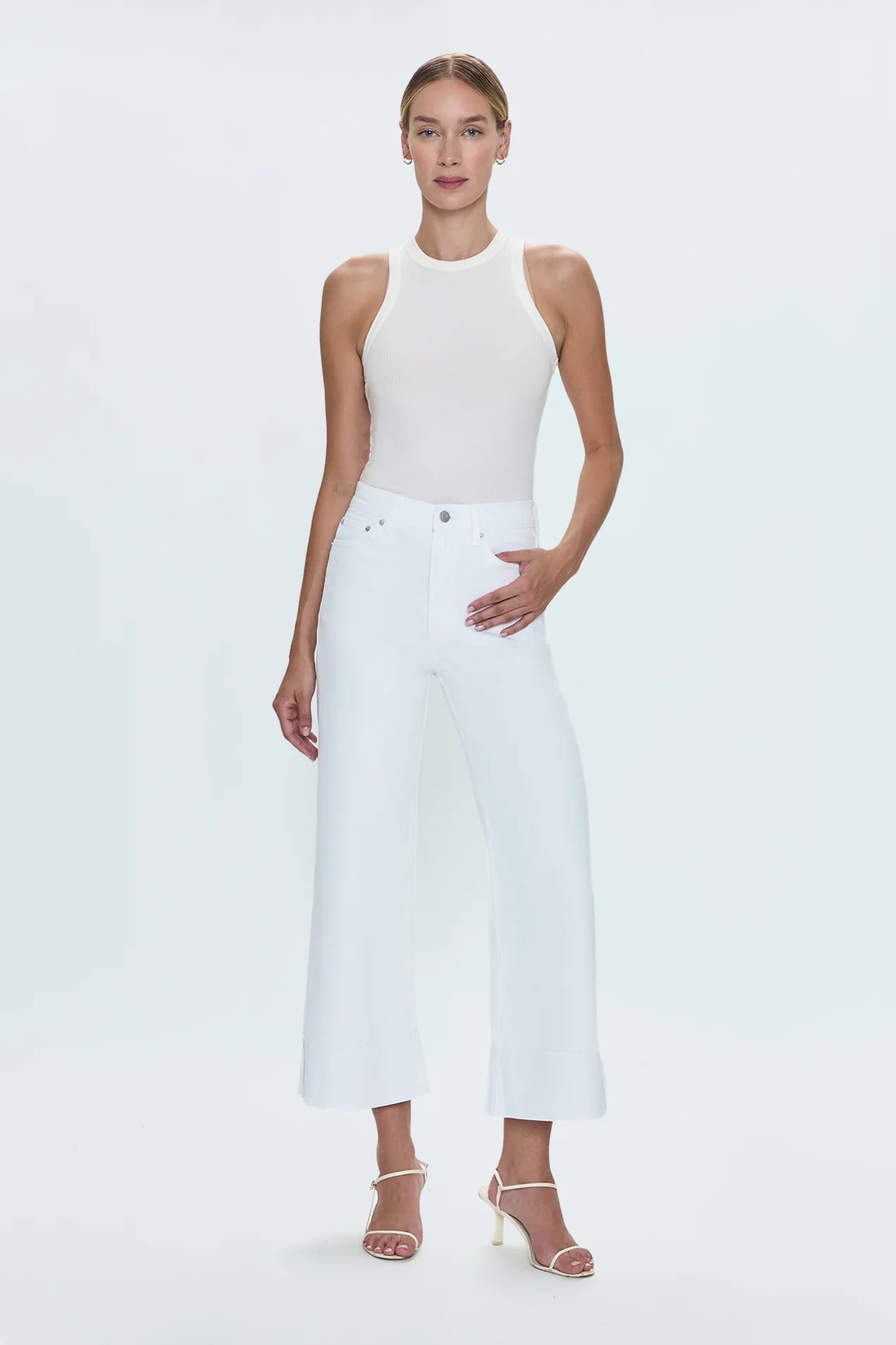 Lana Crop W/ Cuff High Rise Ultra Wide Leg - White