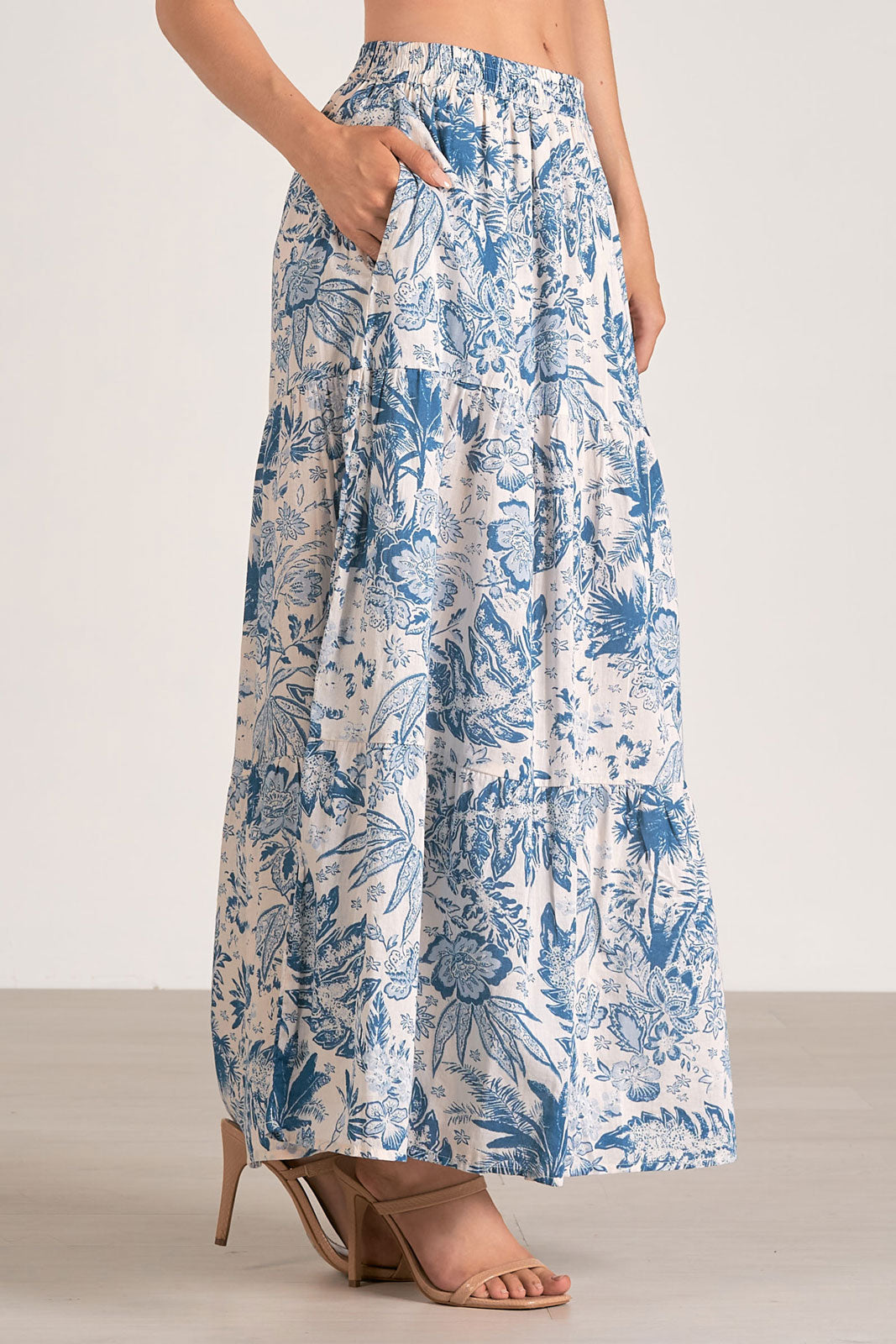 ELAN Maxi Tiered Skirt - Blue Leafy Floral