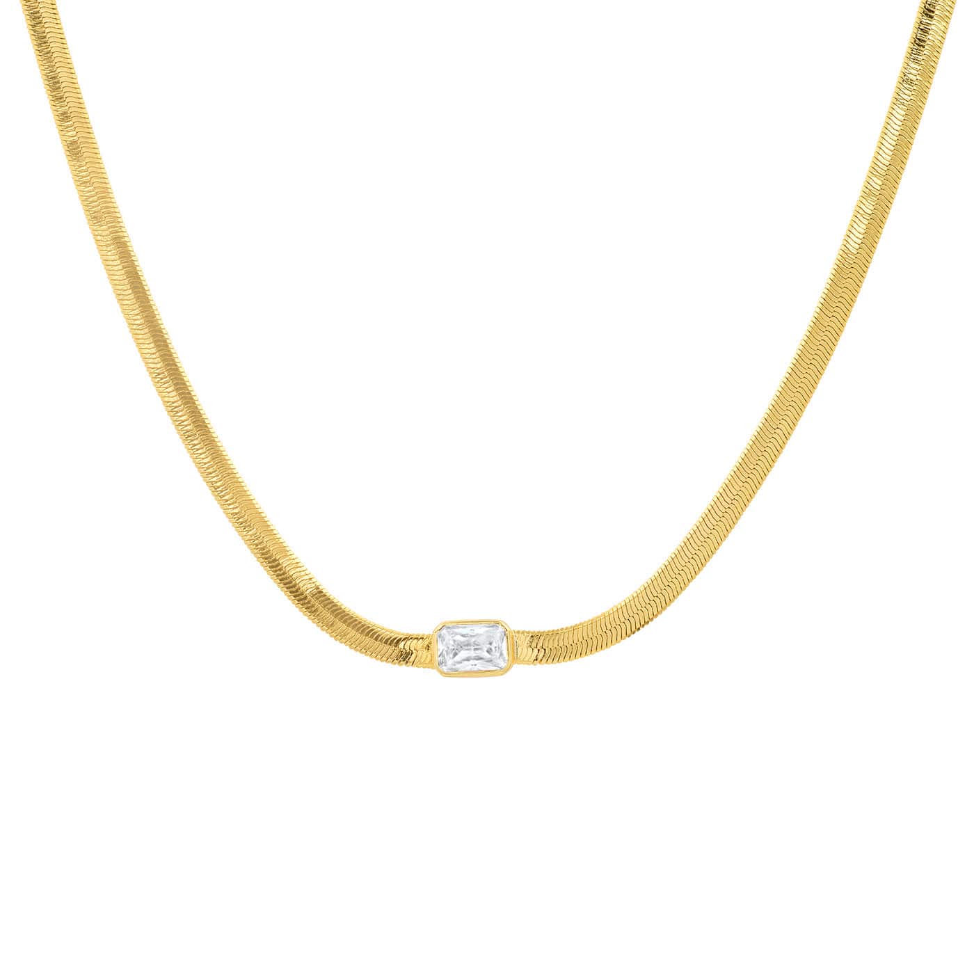 Gold Herringbone Chain with Center Stone - Clear