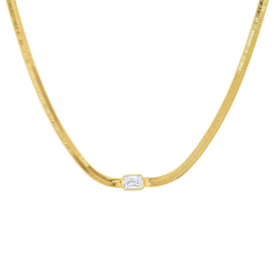 Gold Herringbone Chain with Center Stone - Clear